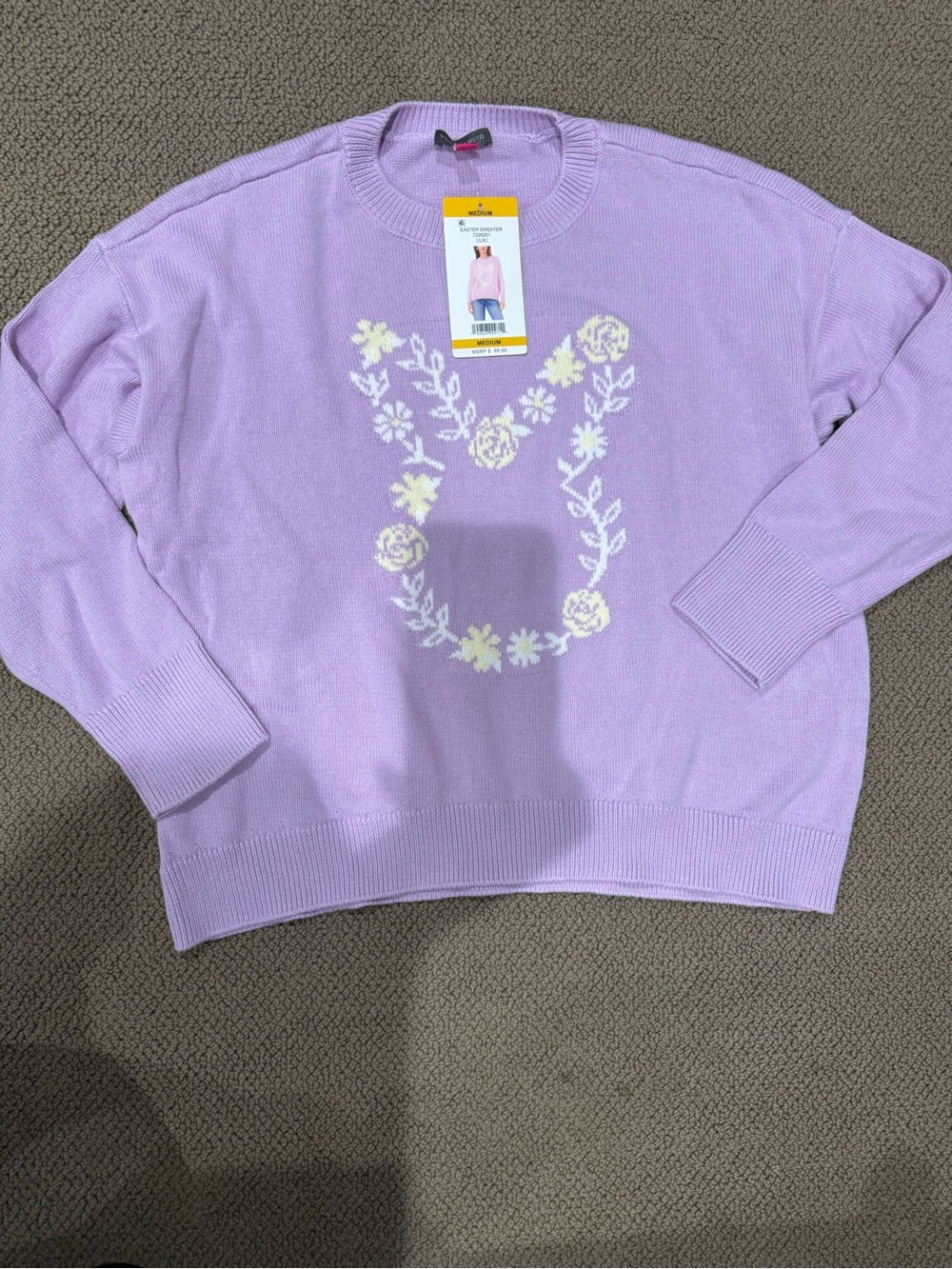 Vince Camuto Lilac Crewneck Sweater with Floral Bunny Motif